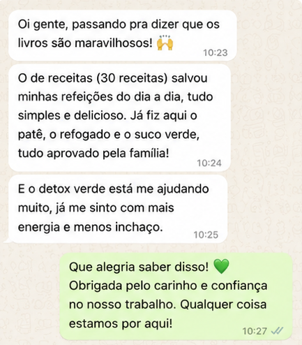 Depoimento sobre receitas simples, suco verde e mais energia