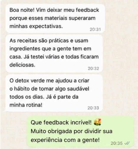 Depoimento sobre receitas praticas e detox verde na rotina